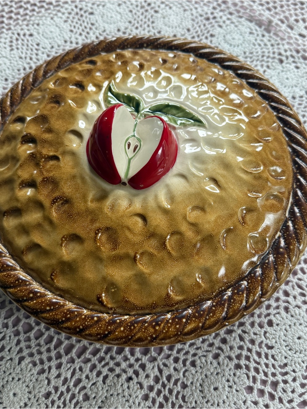 Vintage Apple Pie Baker With Lid Rustic Brown Stoneware Covered Dish Cottagecore